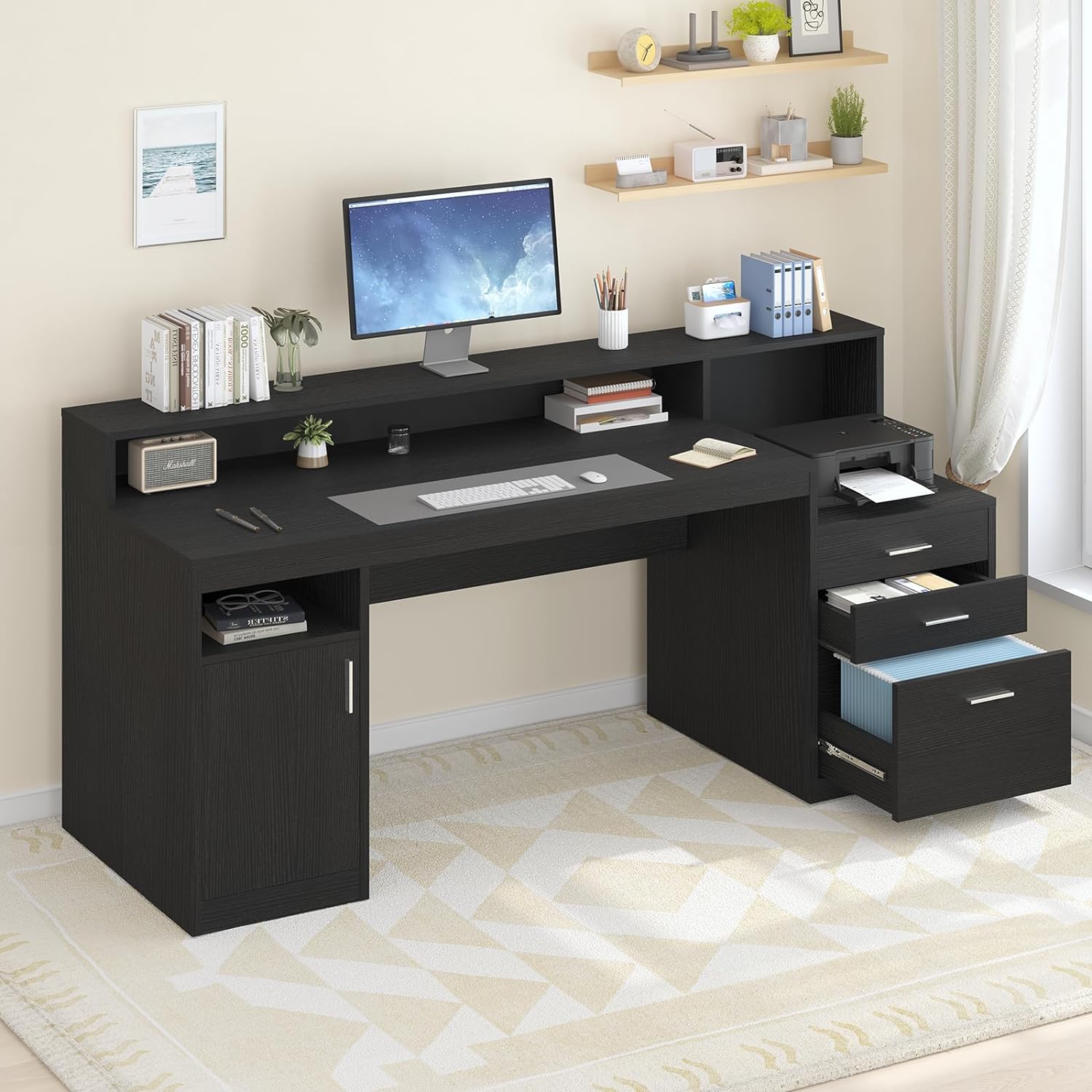 Computer Desk with 3 Drawer & Storage Shelves, Home Office Desk with File Drawer & Cabinet, Writing Study Table with Long Monitor Stand & Printer Shelf, Executive Desk, White
