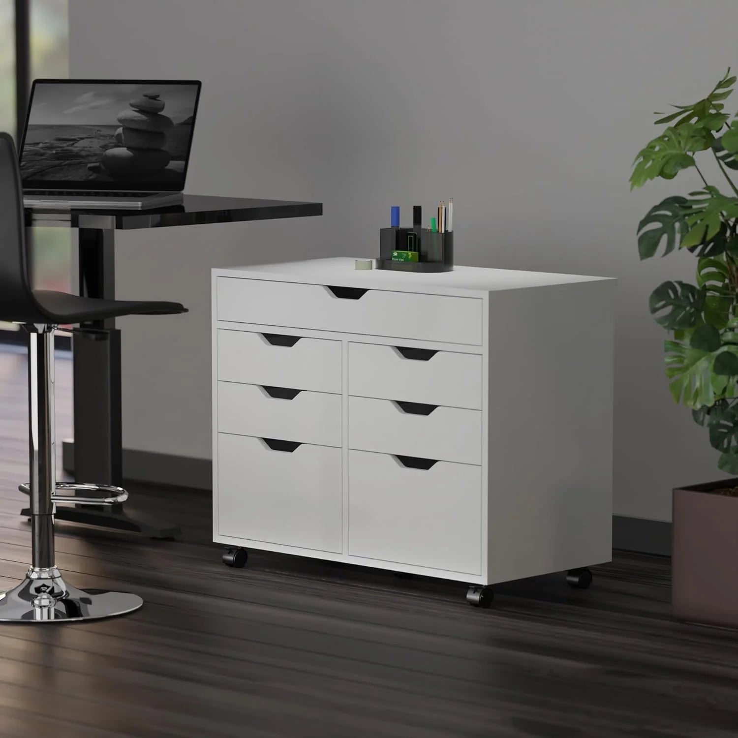 Halifax Storage Mobile Cabinets, 1 Door, 3 Drawers, 2 Wide Drawers, for Home Office, Black