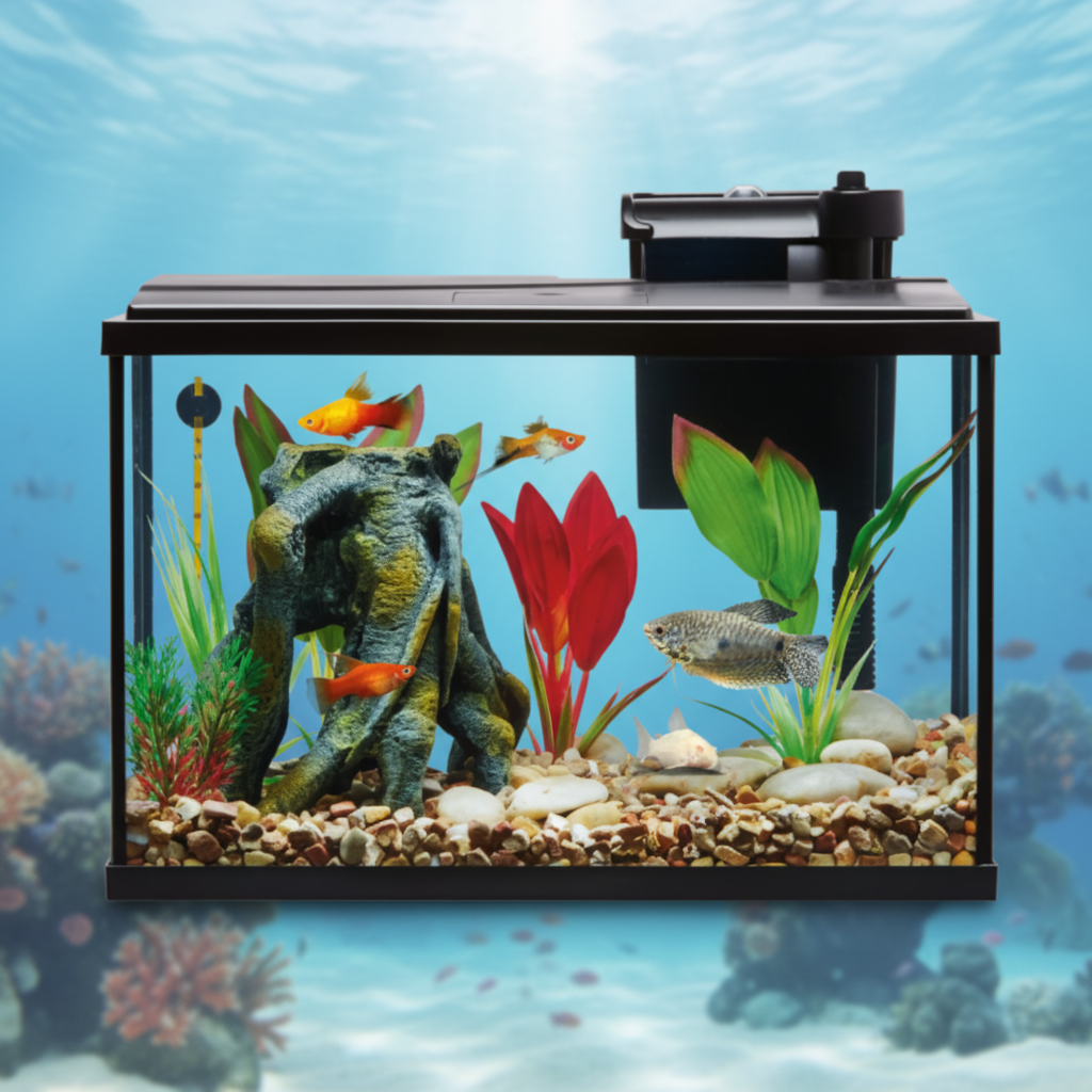 Fish tank with decorative elements and fish on a white background
