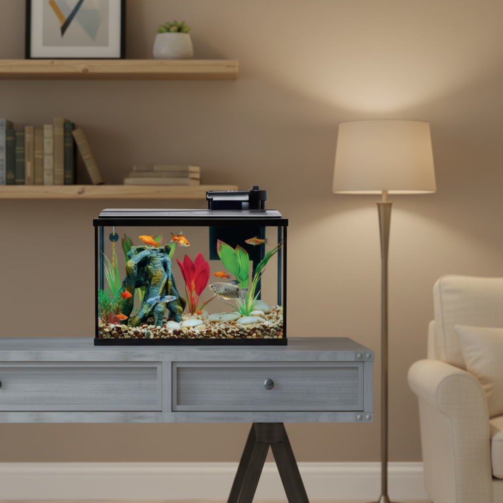 Fish tank with decorative elements on a metal stand against a light blue wall.