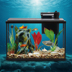 Fish tank with aquatic plants and fish on a white background