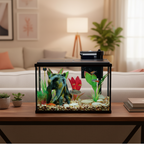 Fish tank with aquatic plants and fish on a metal stand against a light blue wall.