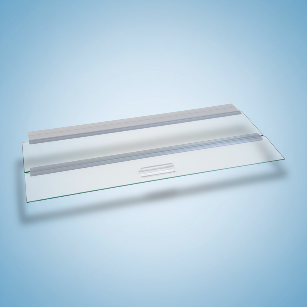 Glass shelf with LED lights on a white background