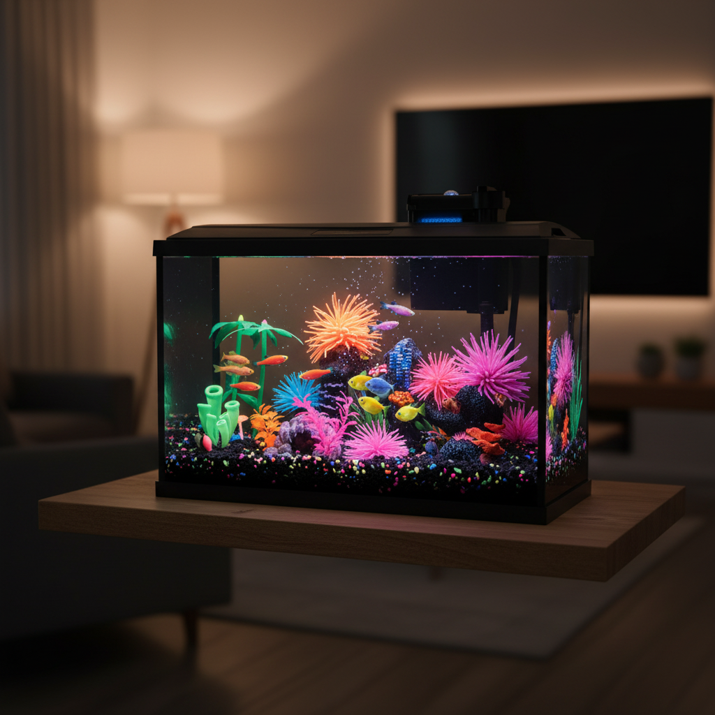 Fish tank with colorful plants and fish on a white background