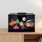 Fish tank with colorful decorations and fish on a light blue background