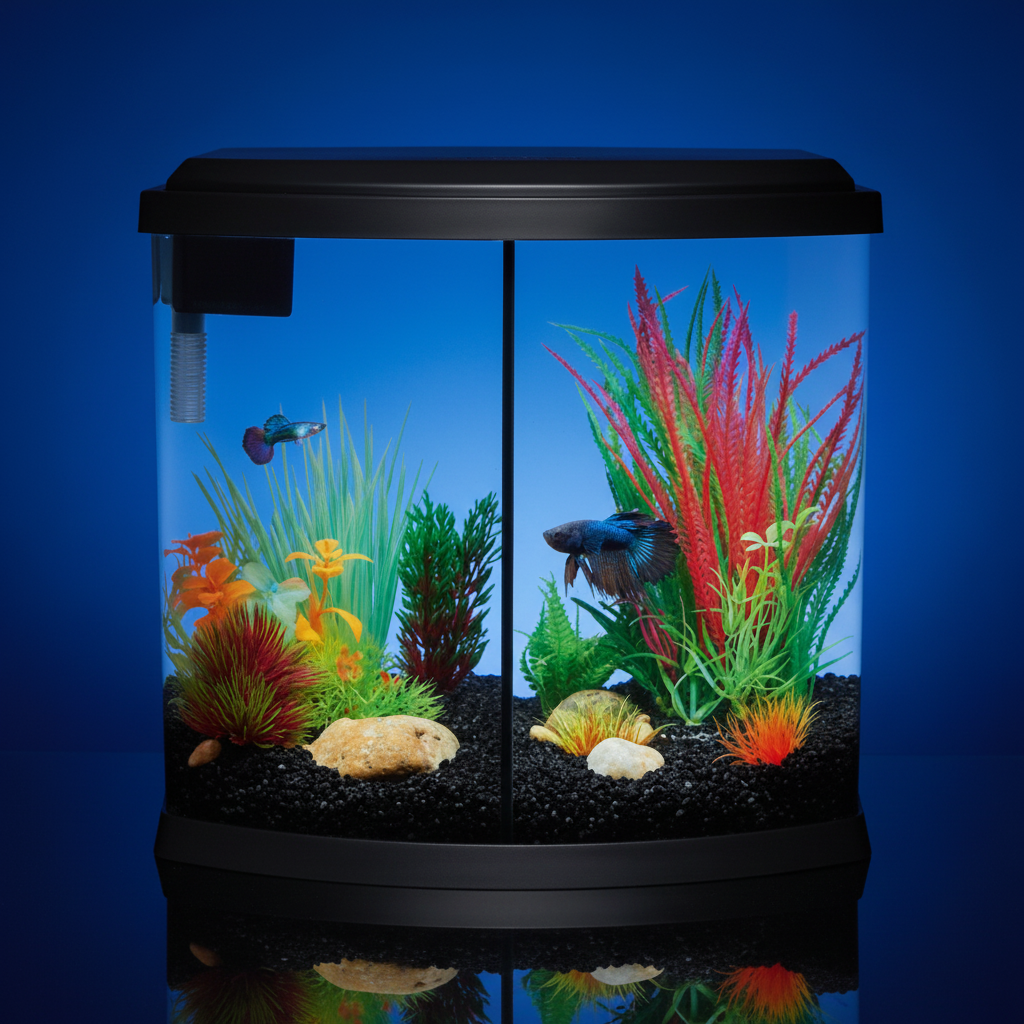 Fish tank with colorful plants and fish on a white background