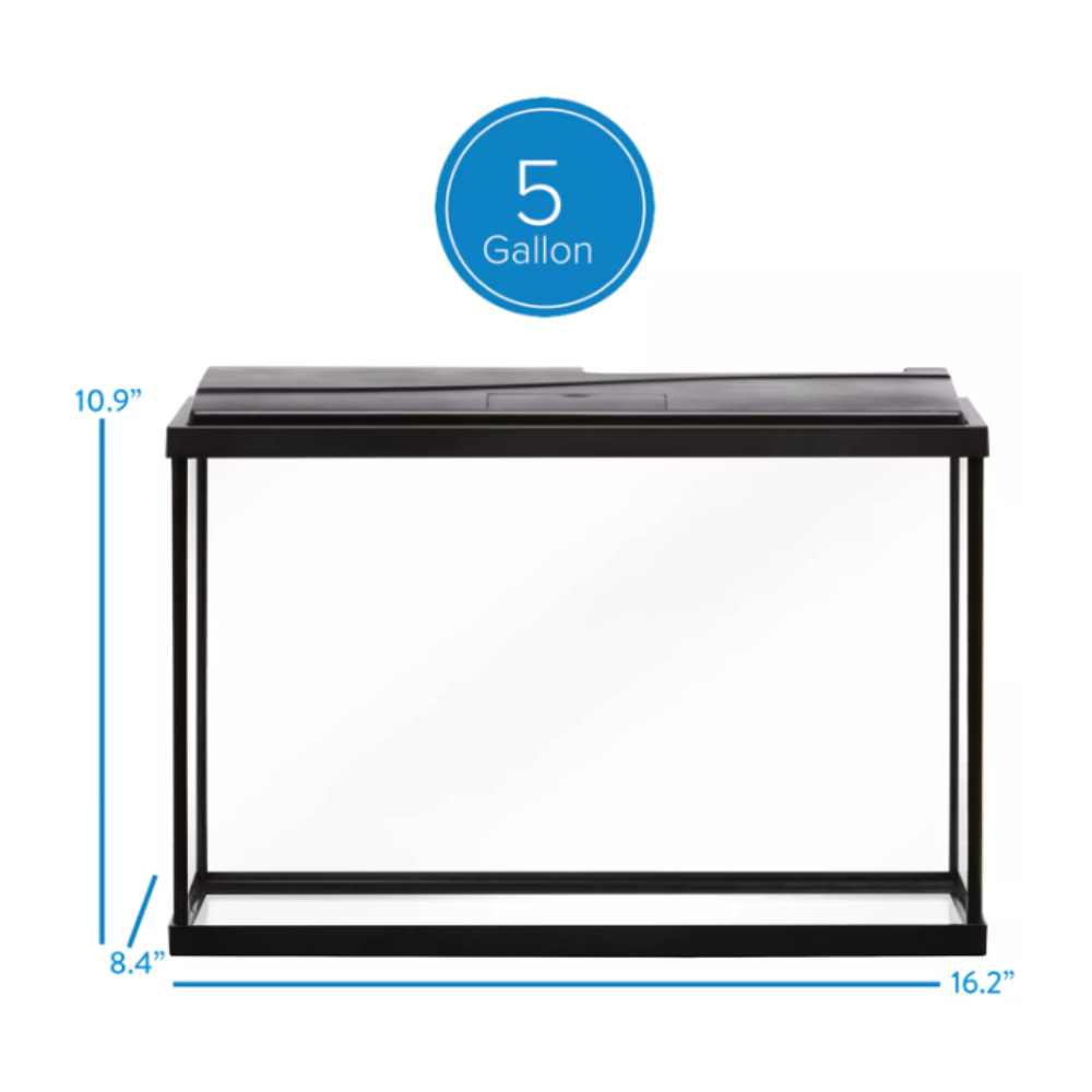 5-gallon black aquarium with dimensions on a white background