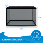 10-gallon black glass glow aquarium with dimensions on a white background