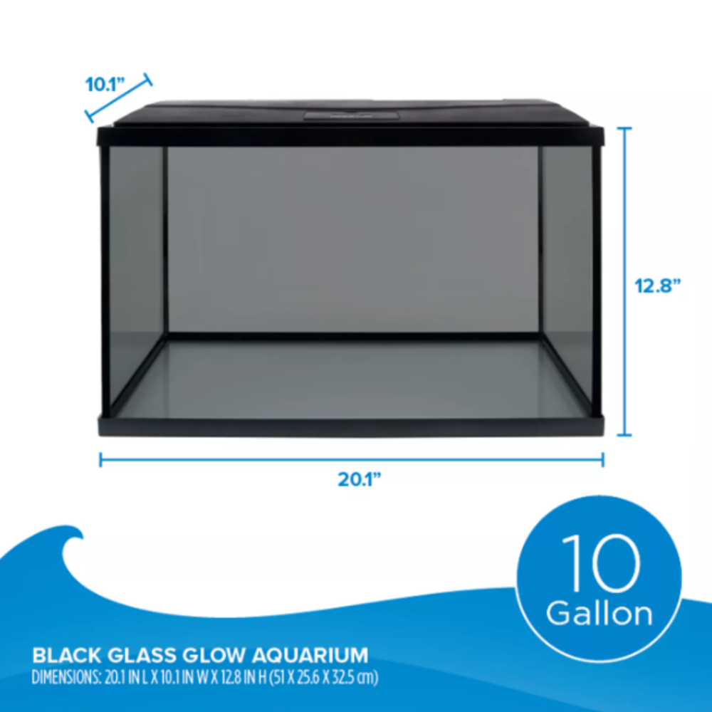 10-gallon black glass glow aquarium with dimensions on a white background
