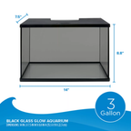 3-gallon black glass glow aquarium with dimensions on a white background