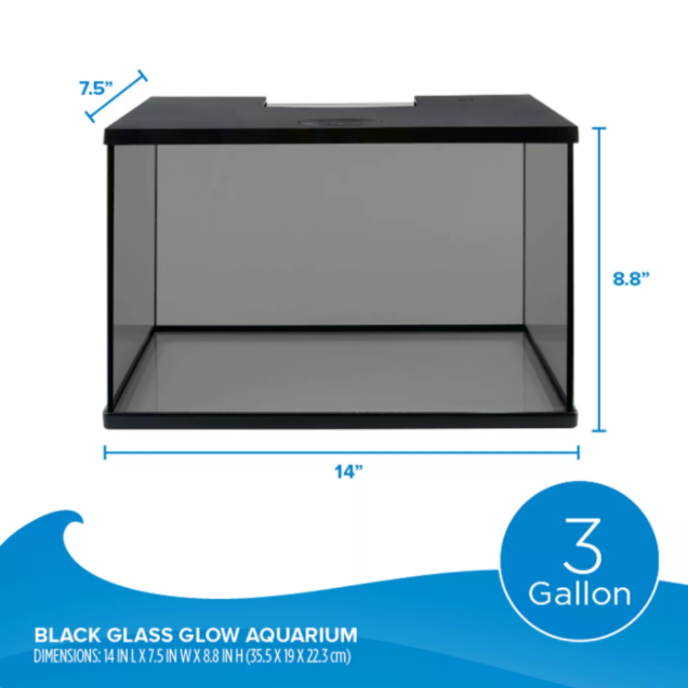 3-gallon black glass glow aquarium with dimensions on a white background