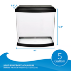 5-gallon split bowfront aquarium with dimensions and branding on a white background